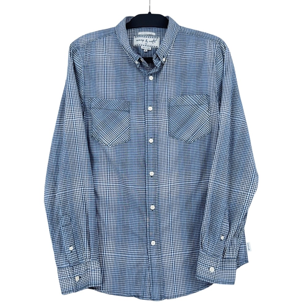 Warp & Weft Button Down Shirt Mens M 100% Cotton Blue White Gingham